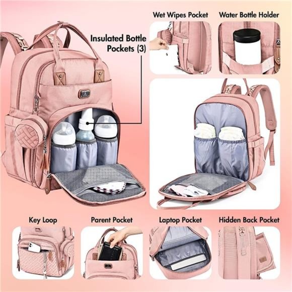 Diaper Bag Backpack w/ Portable Changing Pad Multipurpose Travel Back Pack, Pink - Picture 4 of 7